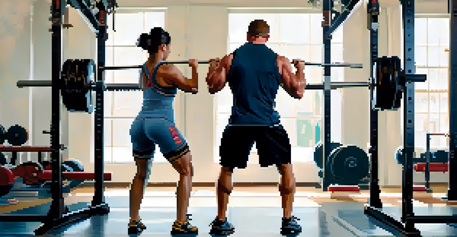 A coach helping an athlete with a squat in a gym, highlighting teamwork and training.