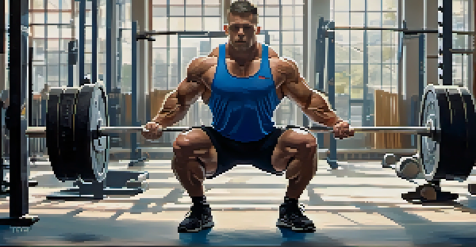 A muscular powerlifter squatting with a barbell in a bright gym filled with exercise equipment.