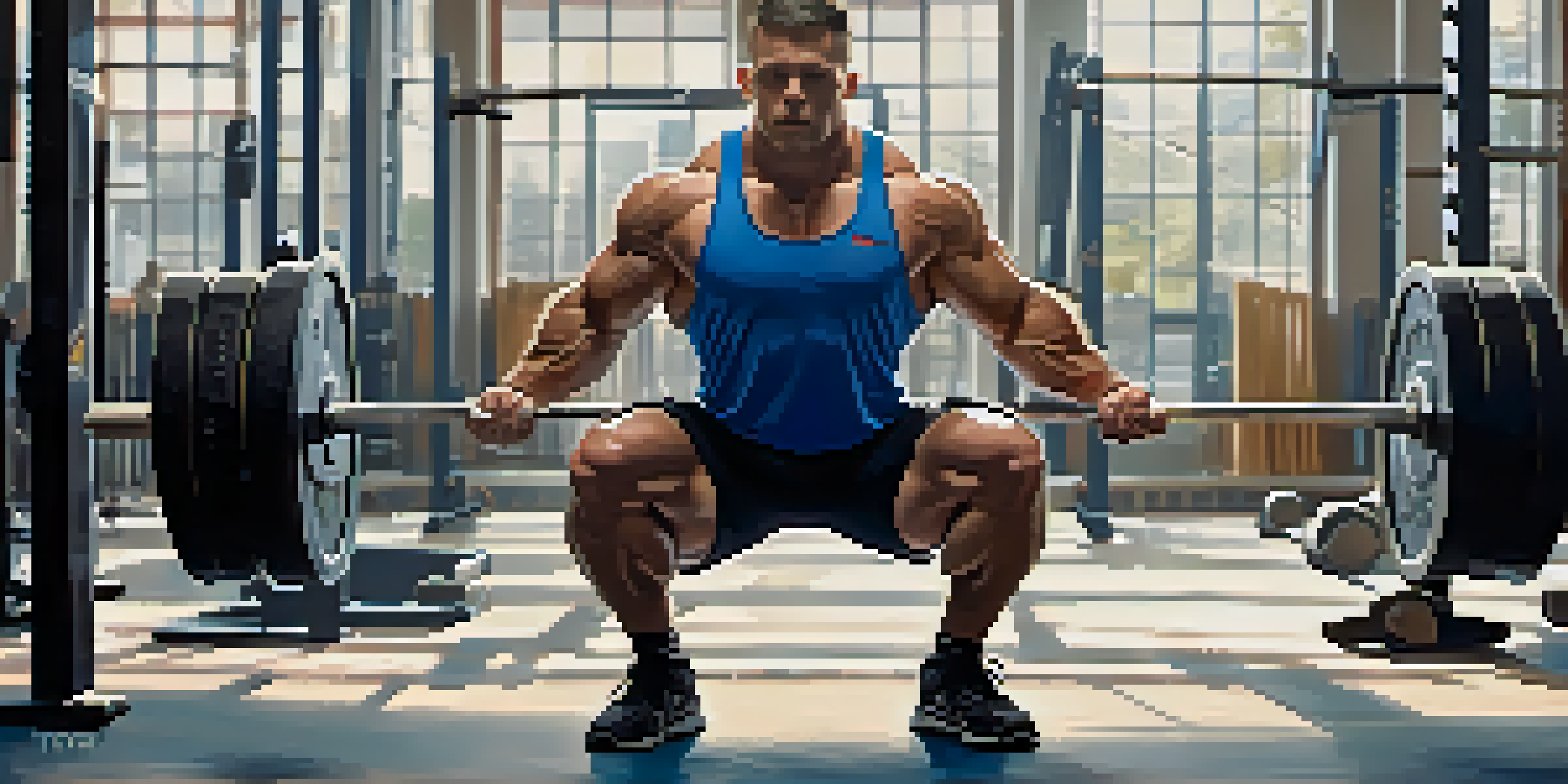 A muscular powerlifter squatting with a barbell in a bright gym filled with exercise equipment.