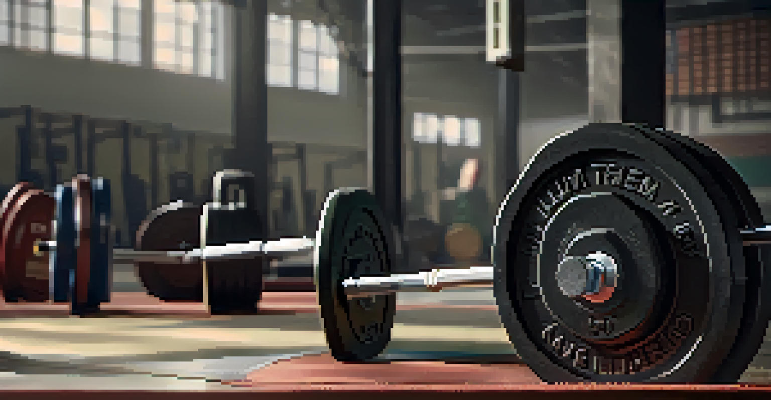 Close-up of powerlifting and Olympic lifting equipment, including weights and a barbell, arranged in a gym.