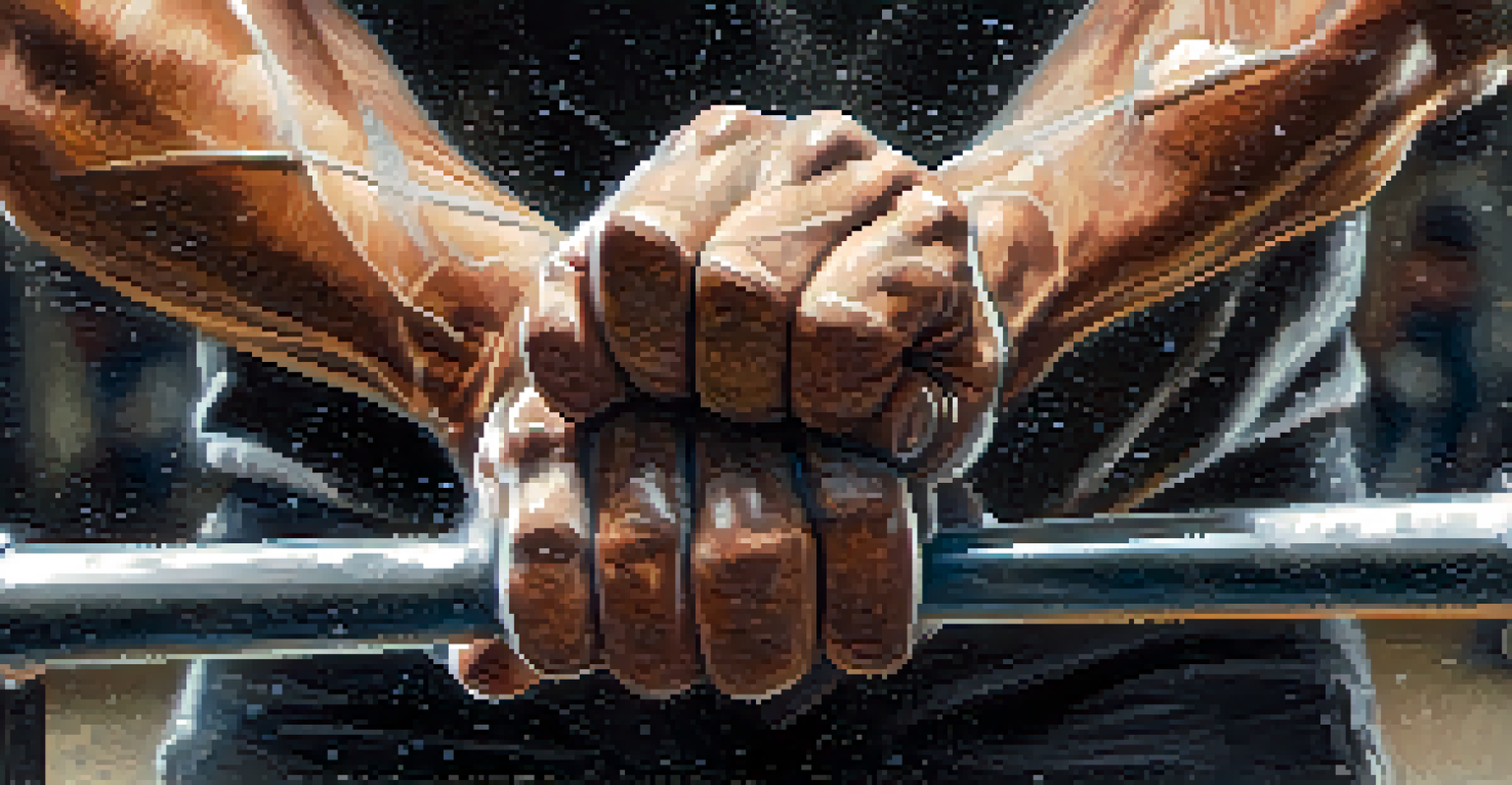Close-up of a powerlifter's hands gripping a barbell, highlighting strength and preparation.