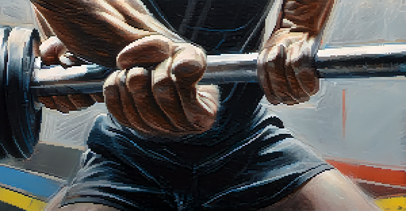 Close-up of a powerlifter's hands gripping a barbell, showcasing chalk dust and wrist wraps, with a blurred background.