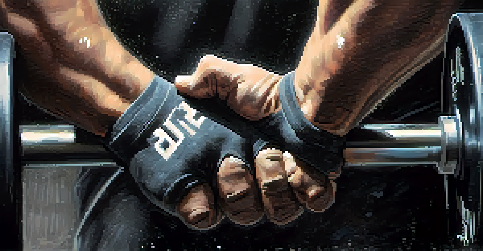 Close-up of a powerlifter's hands gripping a barbell, highlighting the effort and focus of the lift.