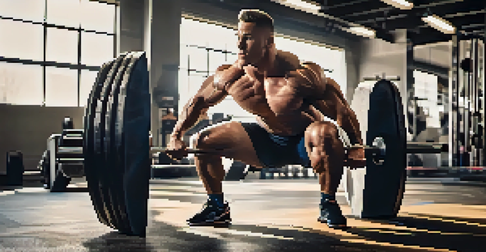 A powerlifter demonstrating a squat in a gym, with a focus on their form and determination.