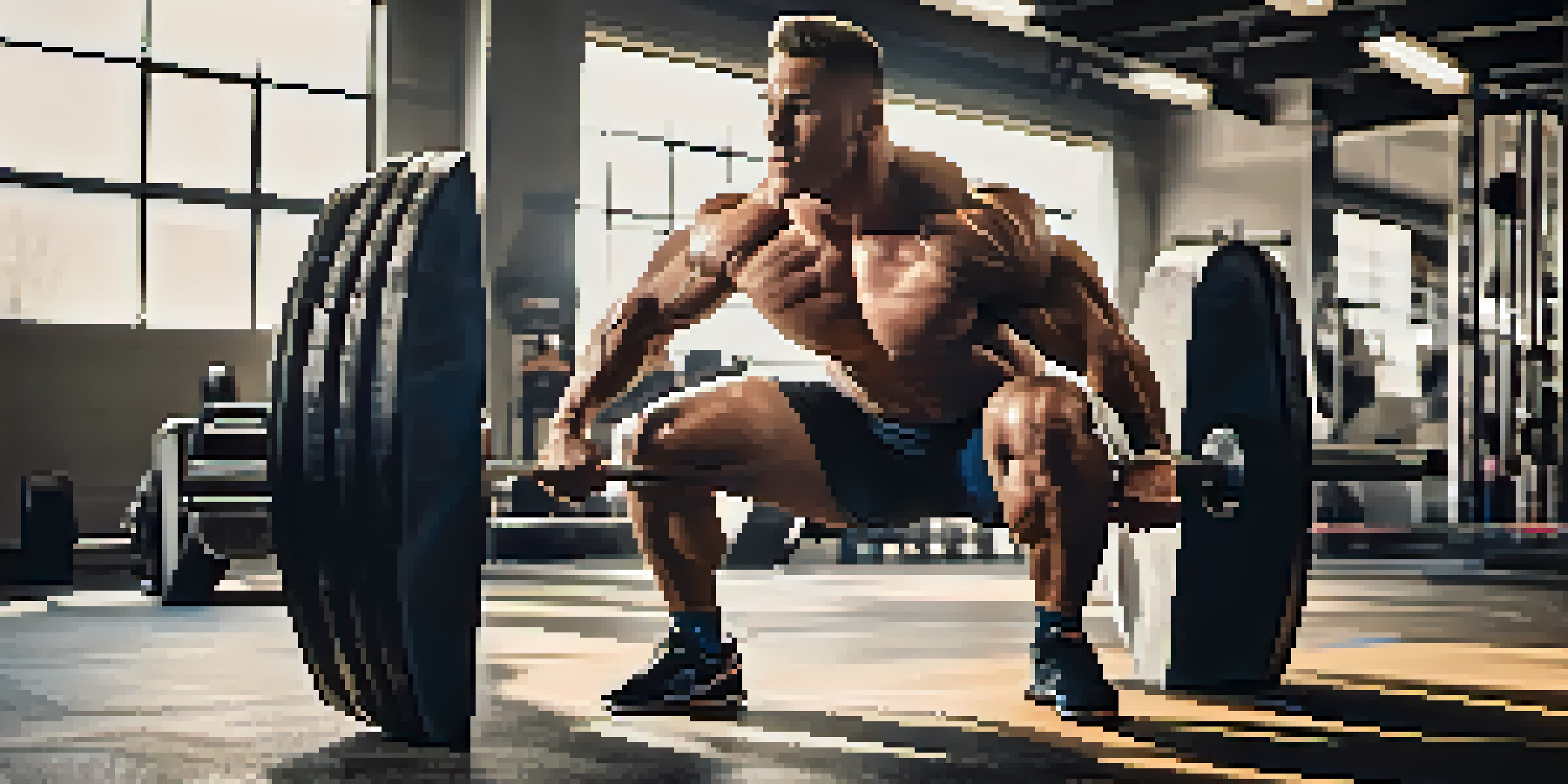 A powerlifter demonstrating a squat in a gym, with a focus on their form and determination.