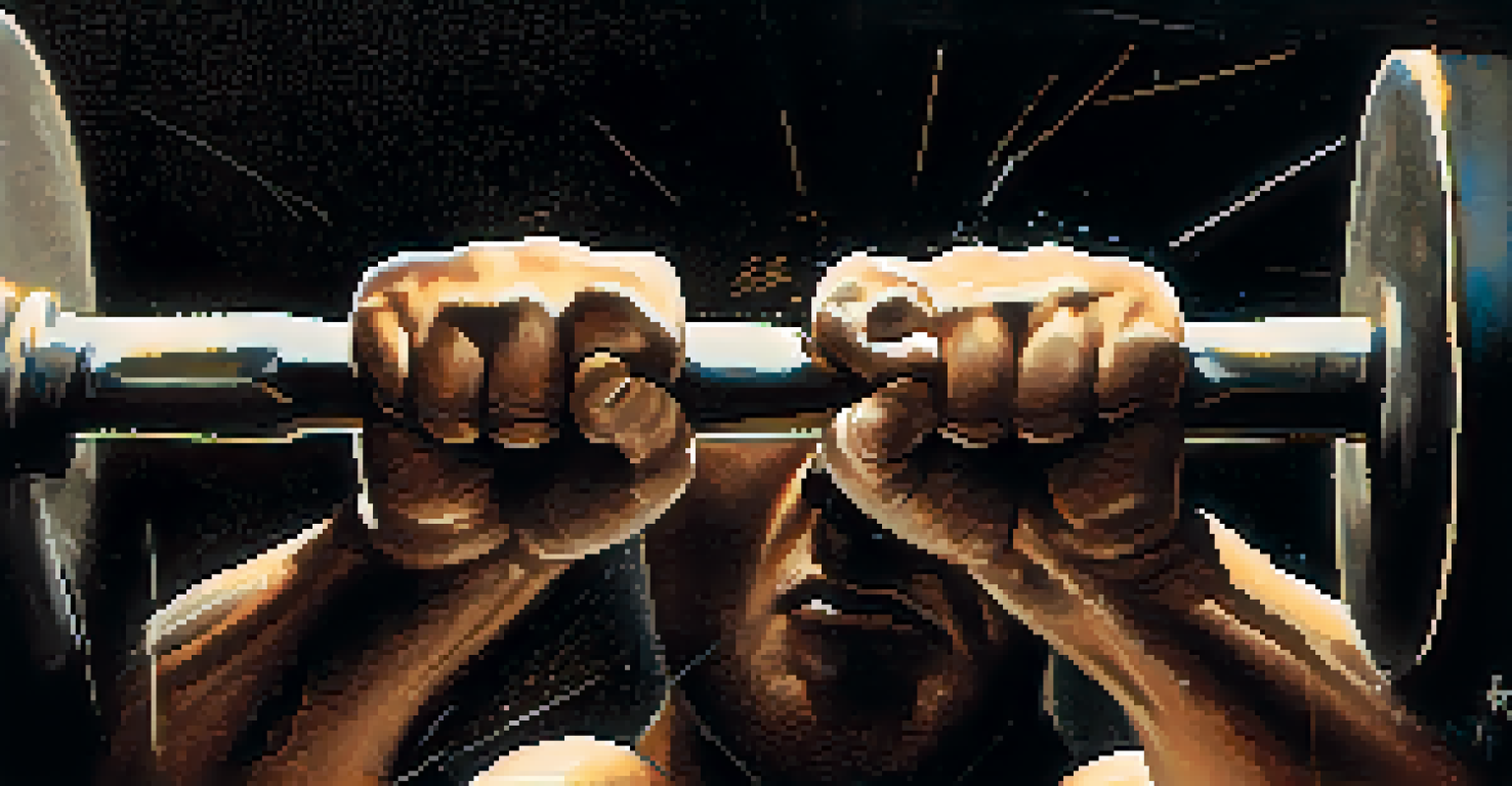 A close-up of a powerlifter's hands gripping a barbell, showcasing focus and intensity.