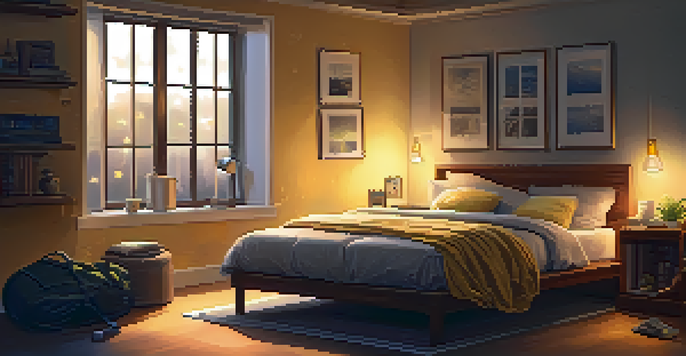 A peaceful bedroom with a powerlifter getting ready for sleep, featuring a cozy bed, soft lighting, and fitness-related items.