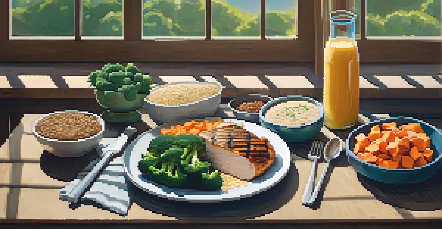 A balanced meal on a wooden table featuring grilled chicken, quinoa, broccoli, sweet potatoes, pizza, and a protein shake, illuminated by natural light.