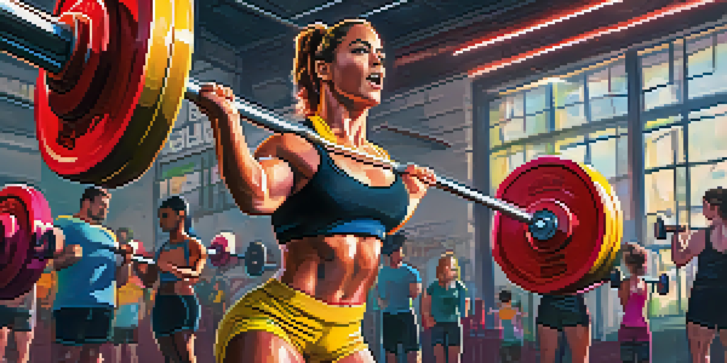 A strong female powerlifter lifting a barbell in a bright gym, surrounded by supportive teammates.
