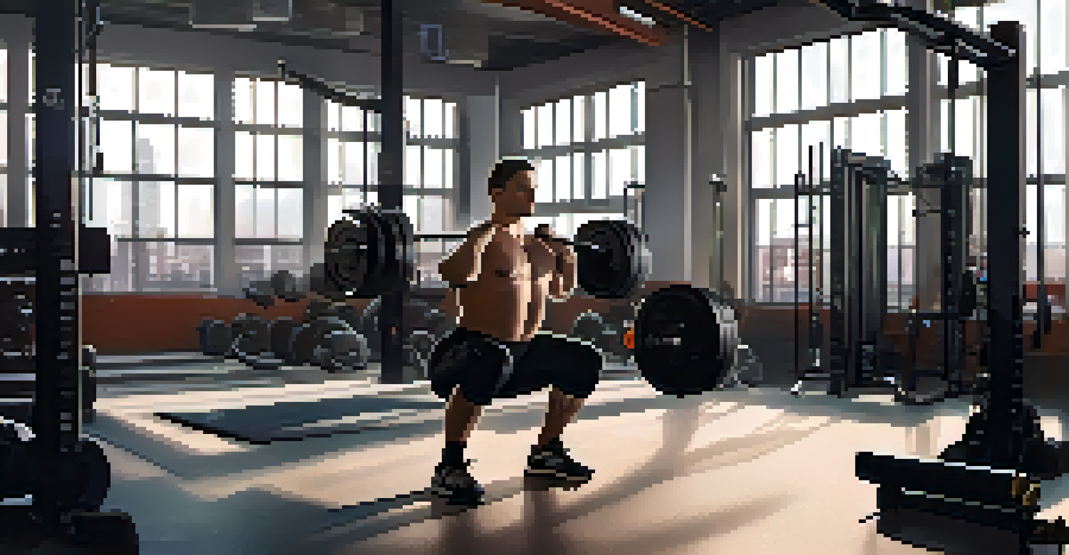 An athlete performing mobility exercises for squats in a squat rack with a trainer observing in a spacious gym.