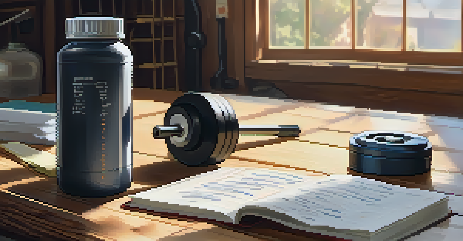 A close-up of a powerlifting training log with handwritten notes and a protein shake in the background on a wooden table.