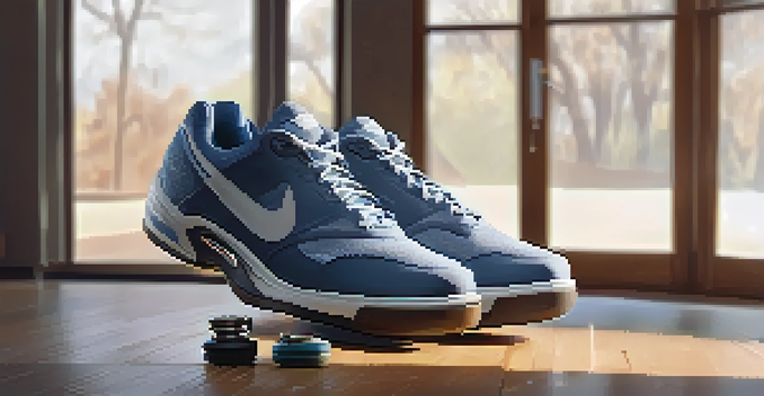 Close-up of high-quality lifting shoes on a wooden gym floor with weights in the background, illuminated by natural light.
