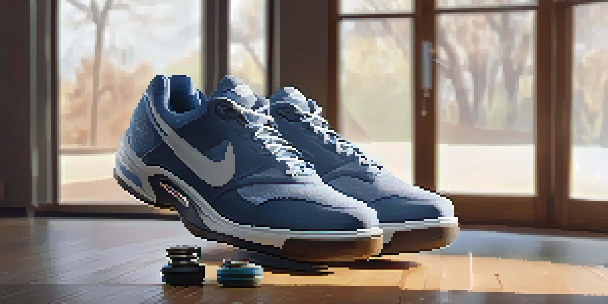 Close-up of high-quality lifting shoes on a wooden gym floor with weights in the background, illuminated by natural light.