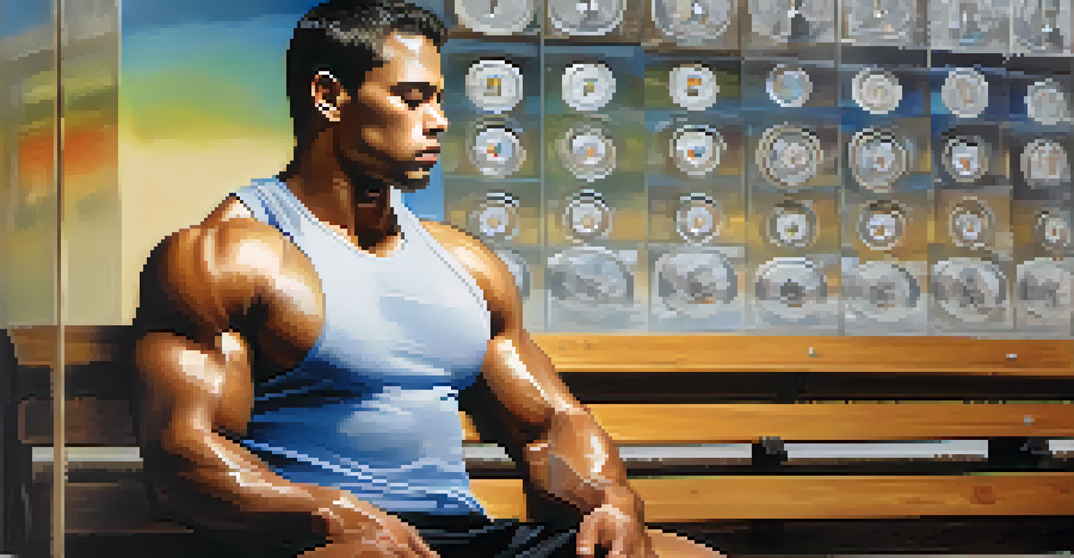 A man sitting on a gym bench visualizing his strength training goals, with dreamlike images above him.