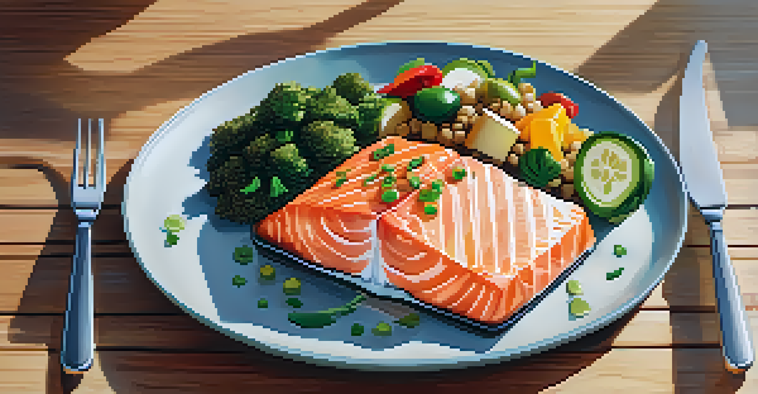 A close-up of a healthy meal plate with salmon, quinoa, and colorful vegetables on a wooden table.
