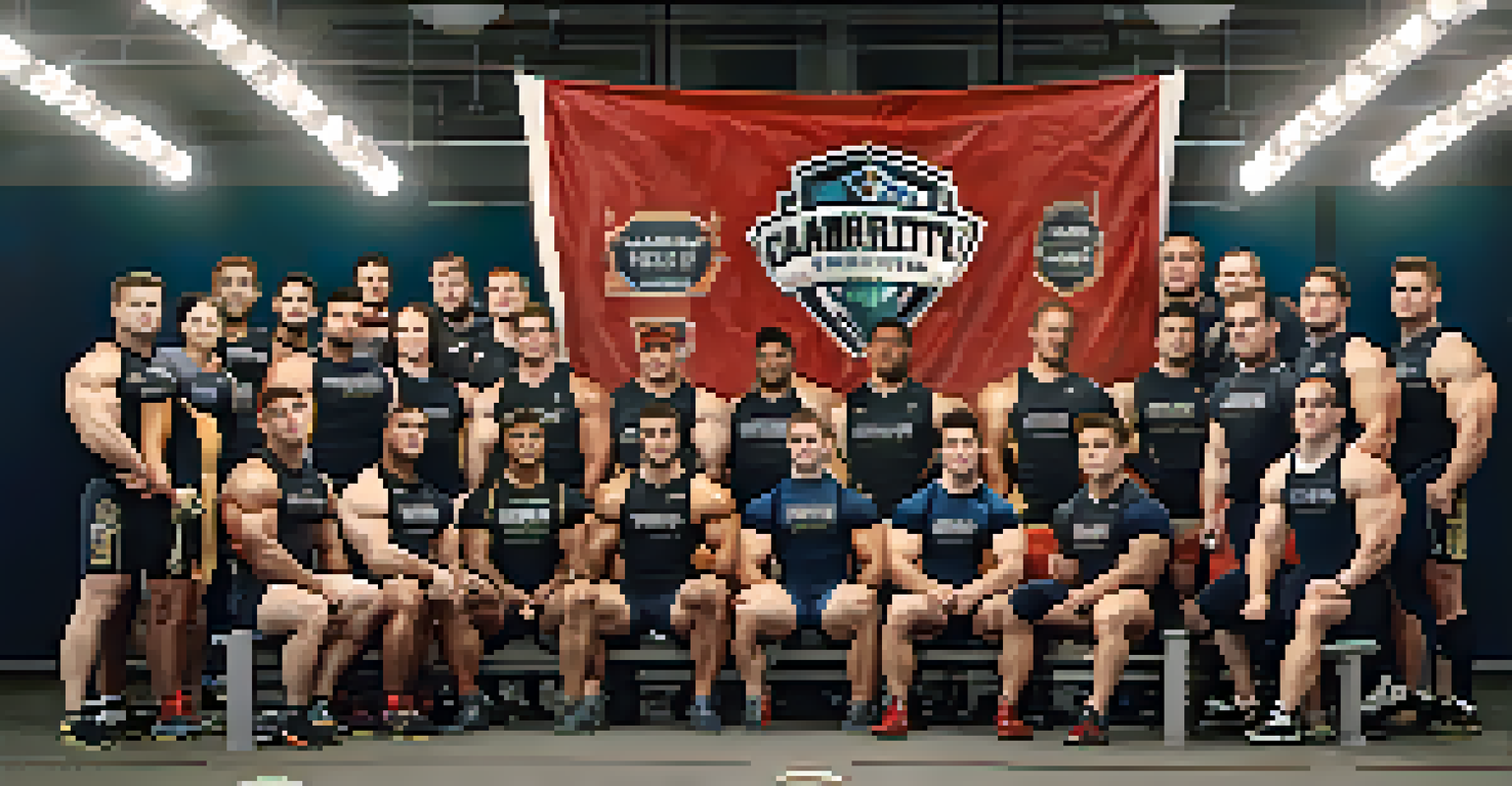 A college powerlifting team posing together in their training facility, showcasing unity and team spirit.
