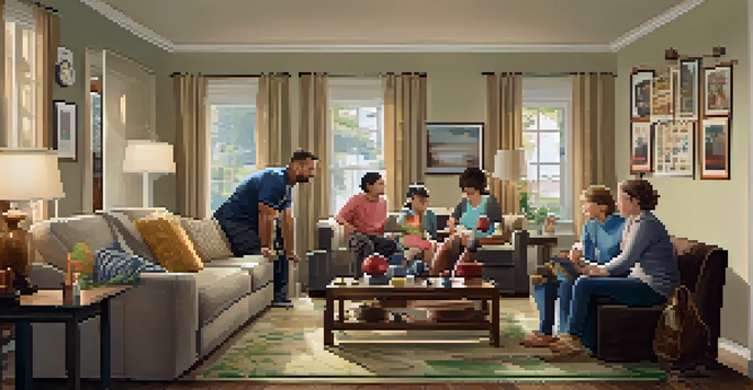 A family sitting in a cozy living room, listening attentively as one member explains powerlifting with charts and weights around them.