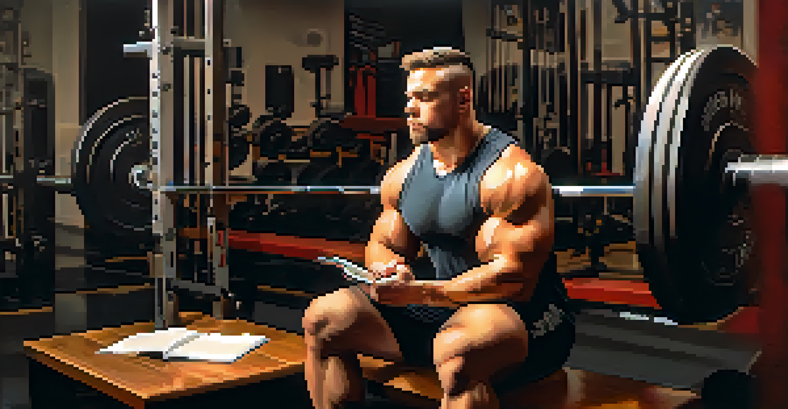 A powerlifter reflecting on their training journey, sitting with a notebook in a cozy gym corner.