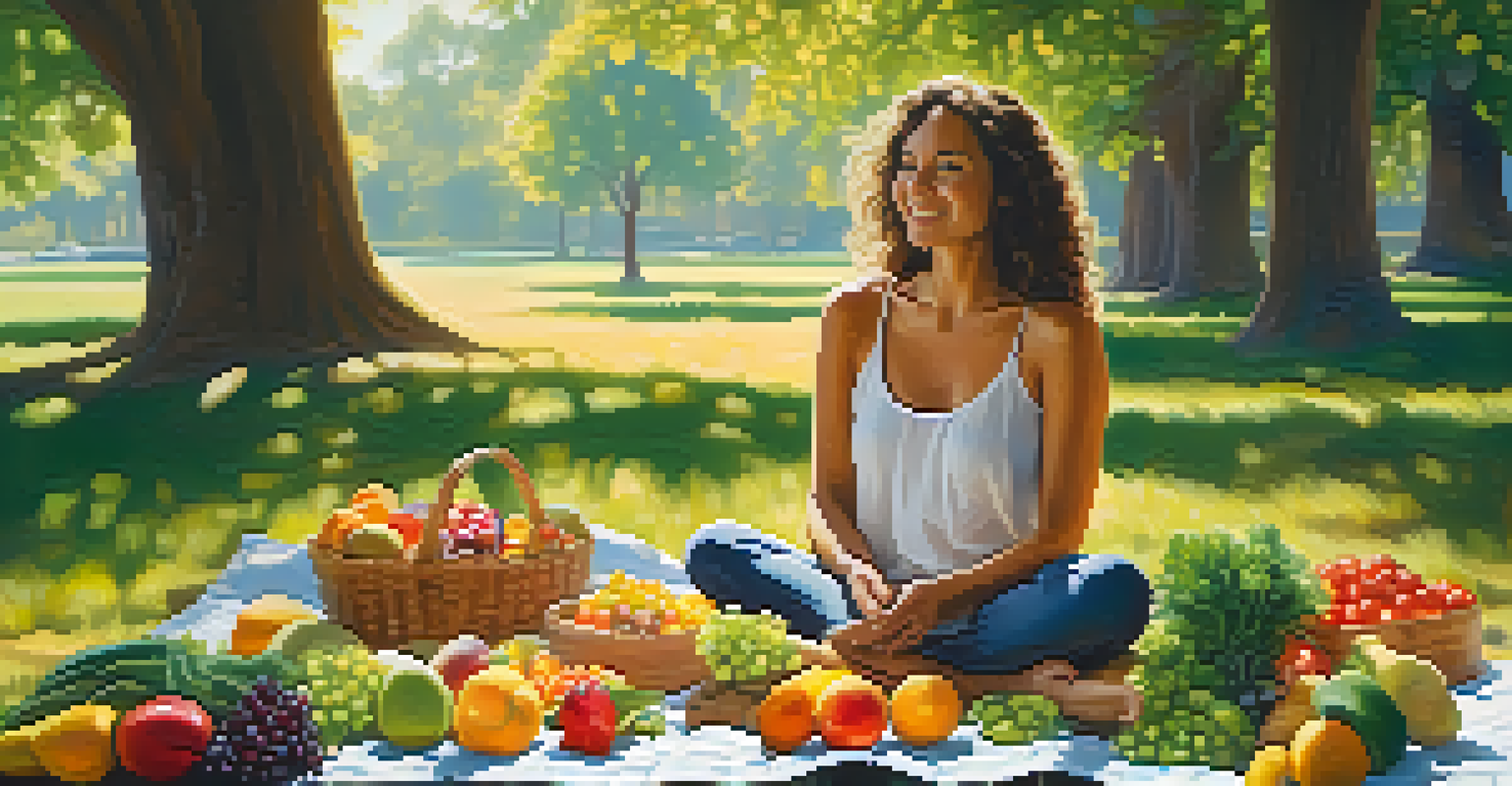 A woman enjoying a picnic with a variety of fruits and vegetables, appearing relaxed and in tune with her body's needs under soft sunlight.