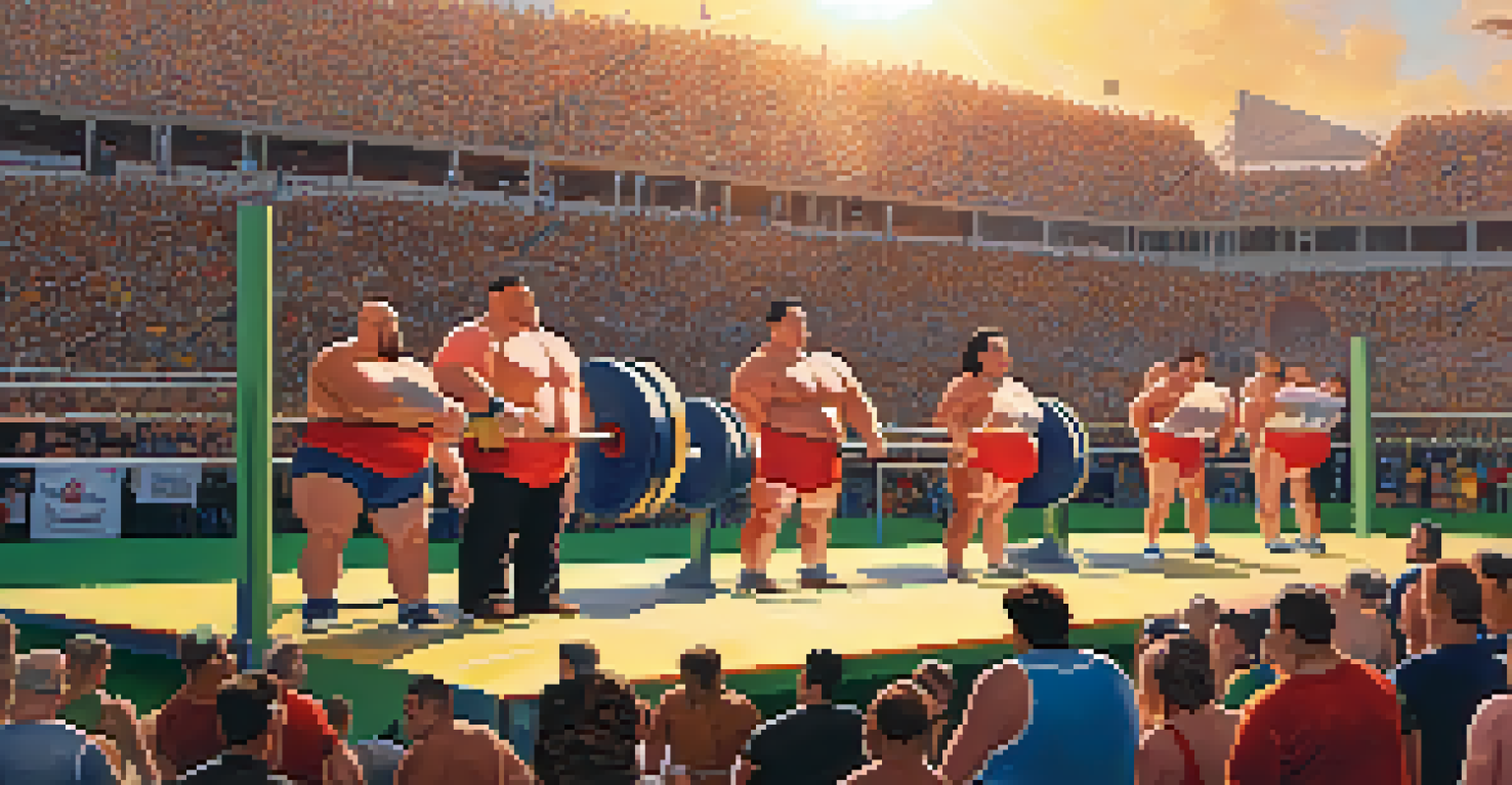 Athletes of different body types competing at an outdoor powerlifting event with cheering spectators.
