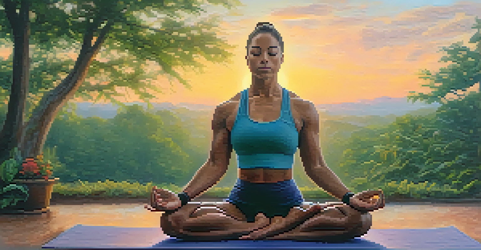 A powerlifter practicing yoga outdoors at sunrise, demonstrating balance and flexibility with a serene backdrop.