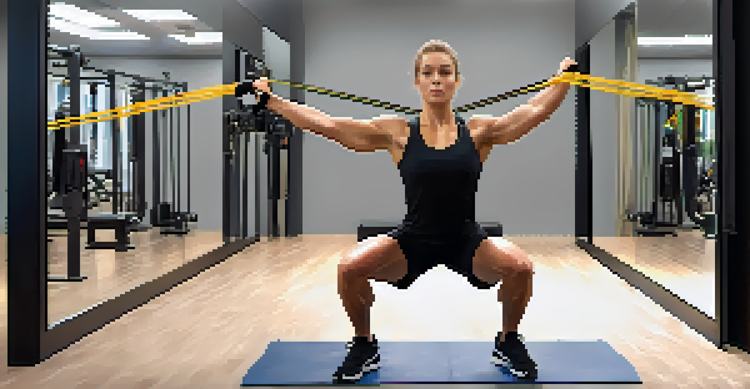 An athlete performing shoulder mobility exercises with a resistance band in a gym setting.