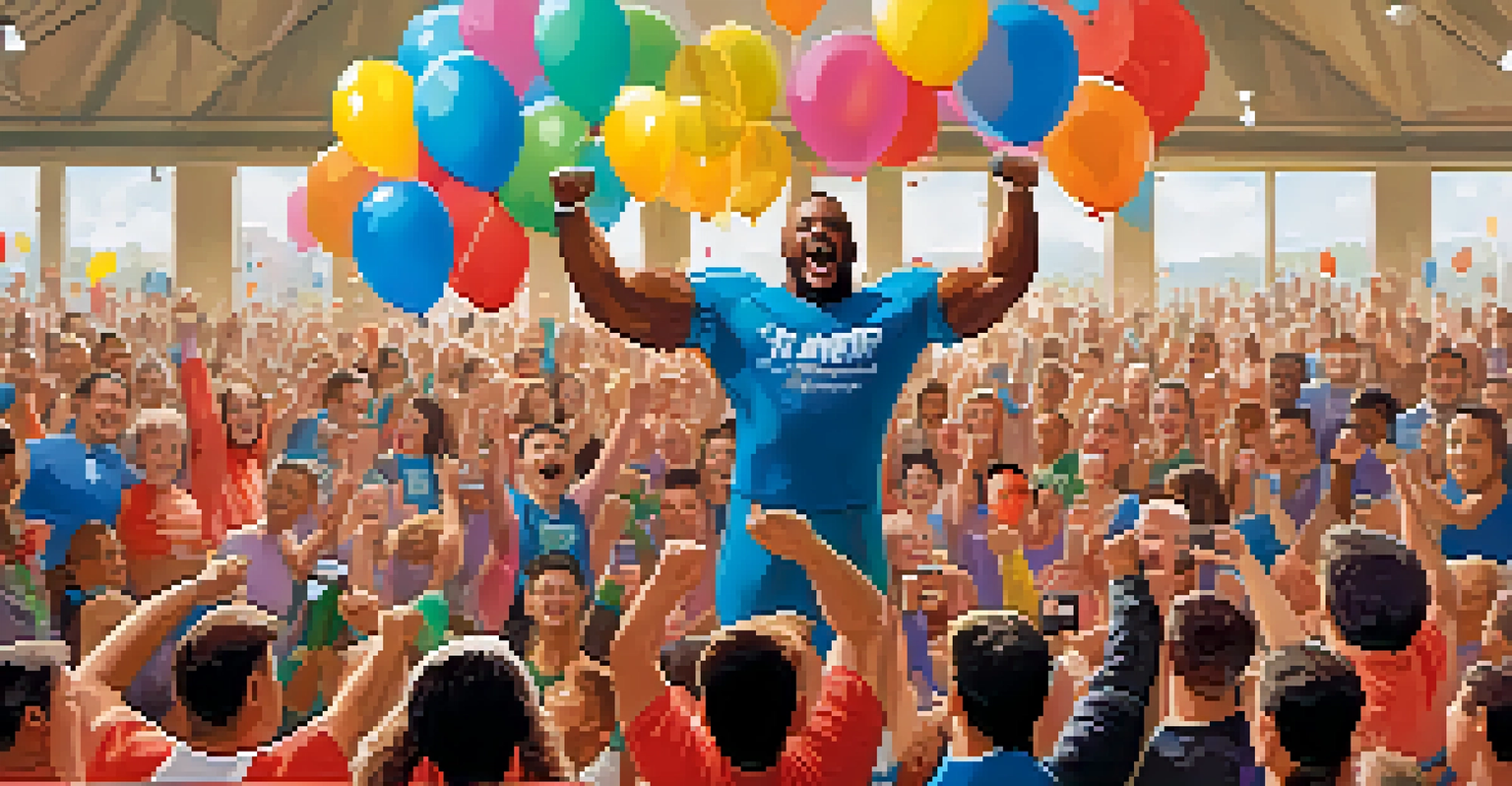 Athletes celebrating an award in a powerlifting community event, with clapping and colorful decorations, showcasing joy and unity among members.