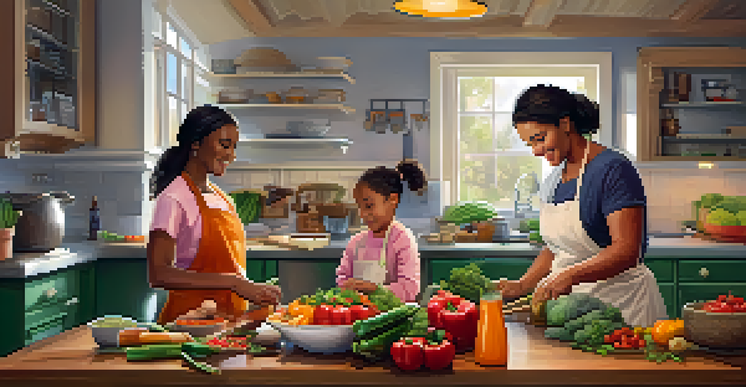 A family cooking together in a bright kitchen, with fresh vegetables and ingredients spread out as they prepare a healthy meal.