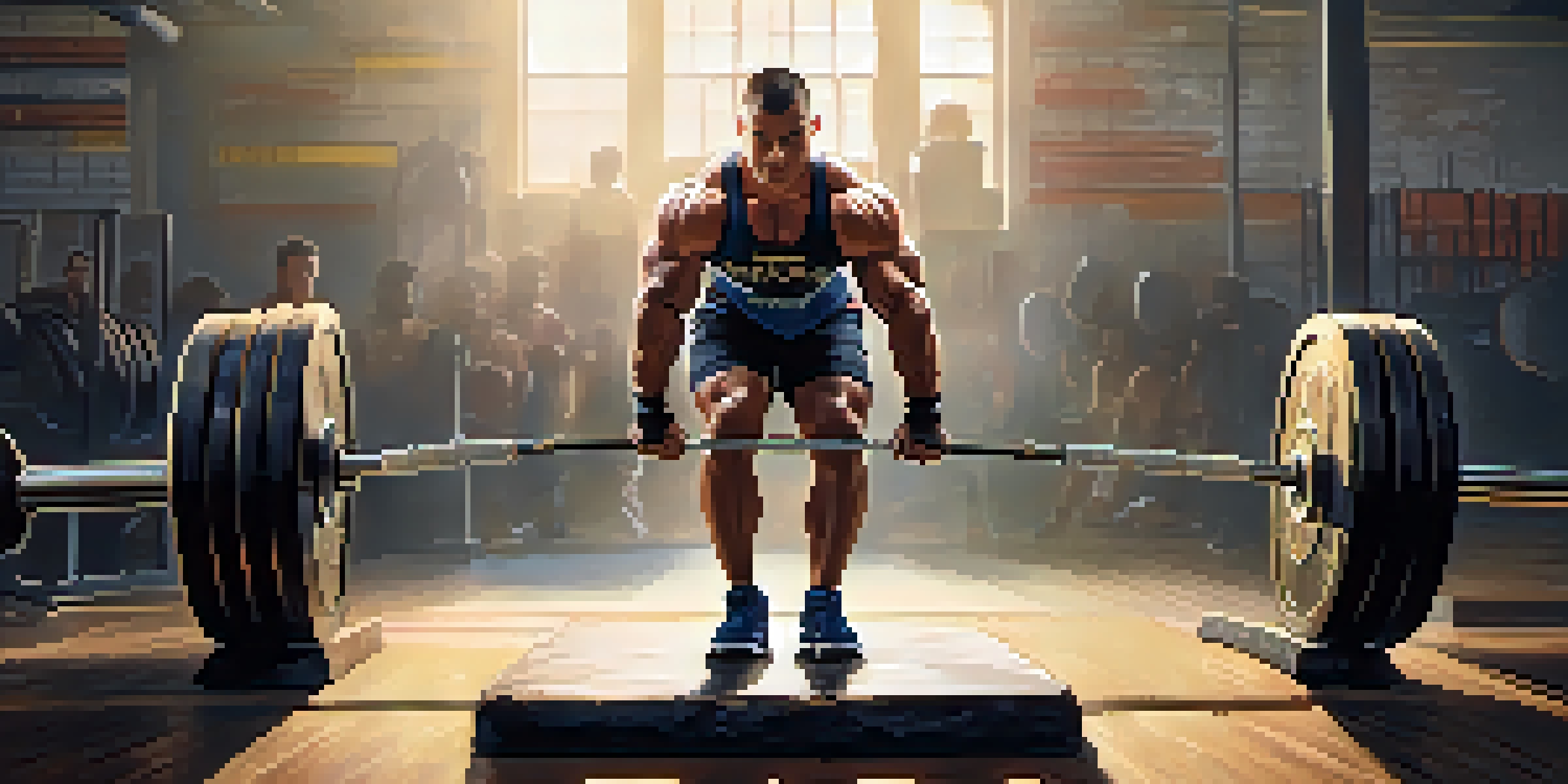 A powerlifter with short hair lifting a heavy barbell in a gym, showcasing focus and determination amidst gym equipment and motivational posters.
