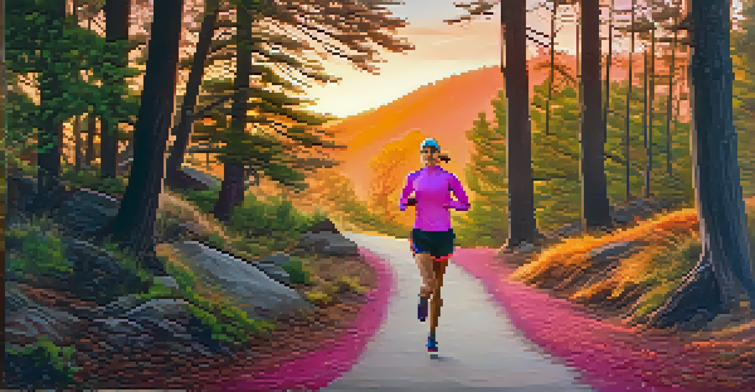 An endurance athlete running on a trail during sunset, surrounded by trees and a colorful sky.