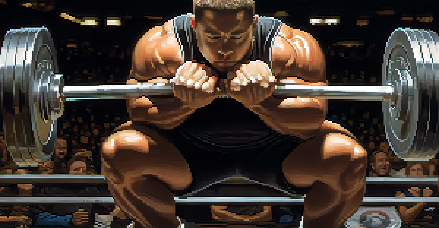 Close-up of a powerlifter's hands gripping a chalked barbell, with the texture of the barbell visible and a blurred cheering crowd in the background under warm lighting.