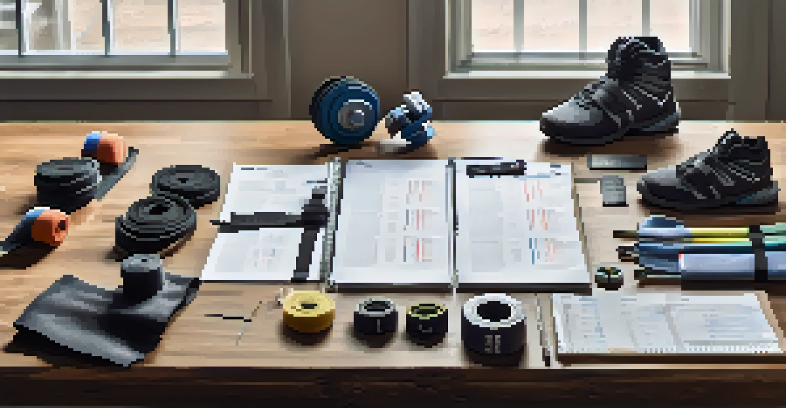 A table with organized weightlifting gear including shoes, a belt, and sleeves, accompanied by a checklist.