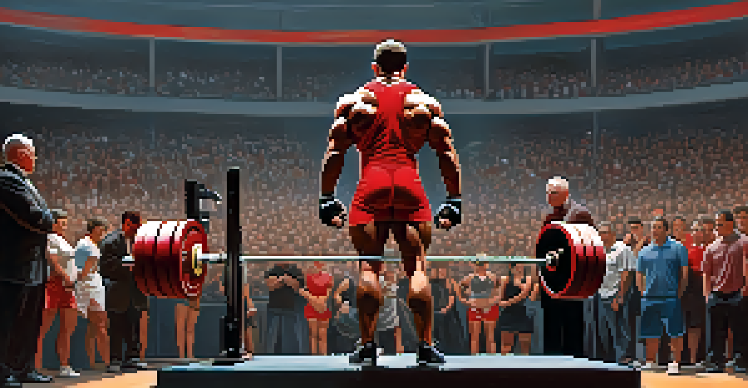 A muscular powerlifter standing on a competition platform, looking determined with weights in the background and a cheering crowd.