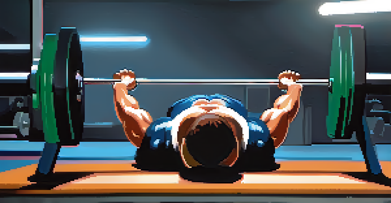 A close-up of a barbell with weights on a bench press station in a gym, with a blurred weightlifter in the background.
