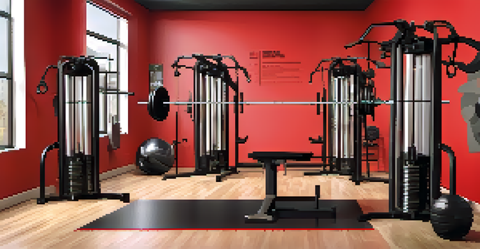 A muscular athlete performing a flat bench press in a bright gym filled with various weightlifting equipment and motivational quotes on the walls.