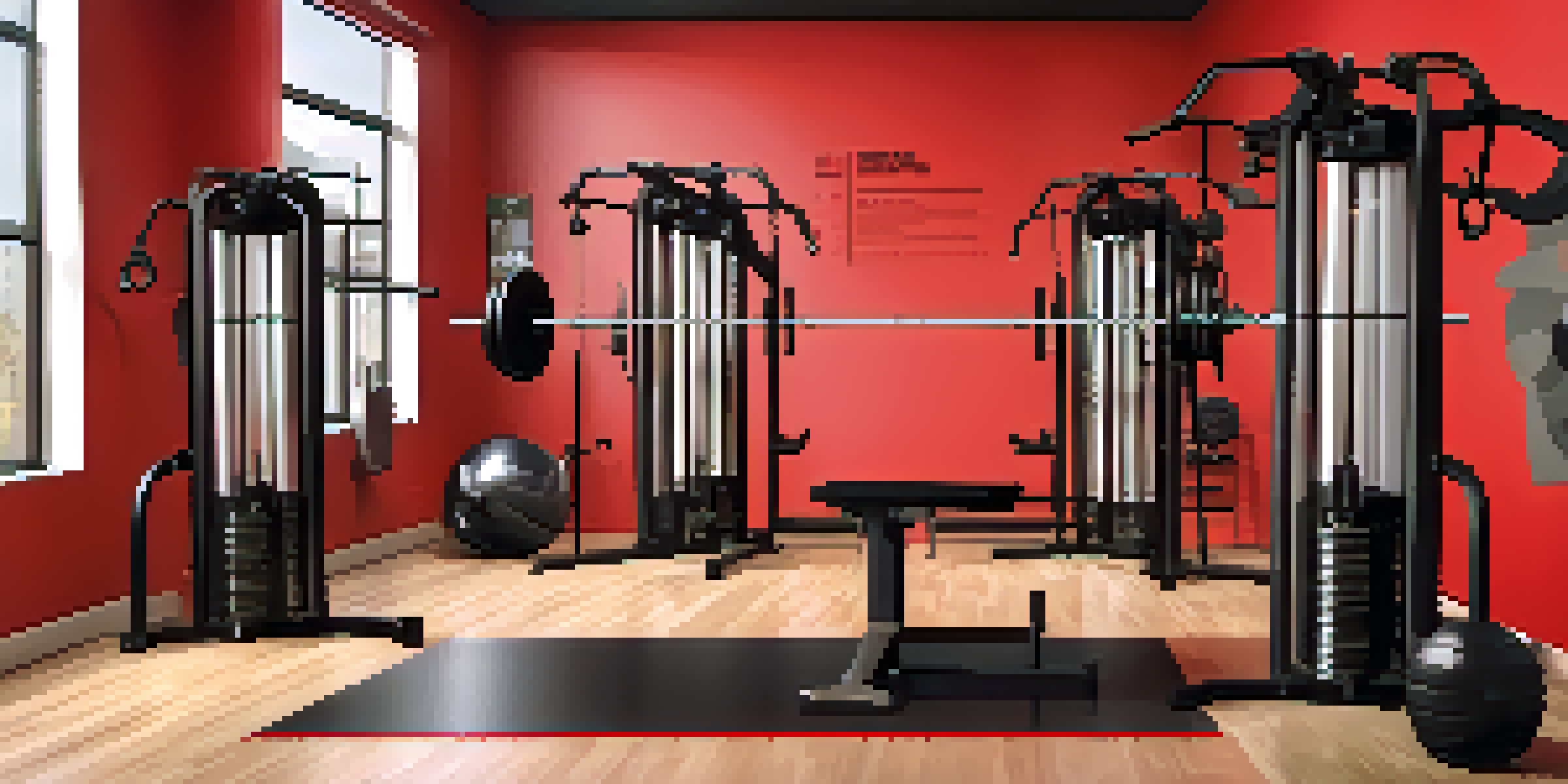 A muscular athlete performing a flat bench press in a bright gym filled with various weightlifting equipment and motivational quotes on the walls.