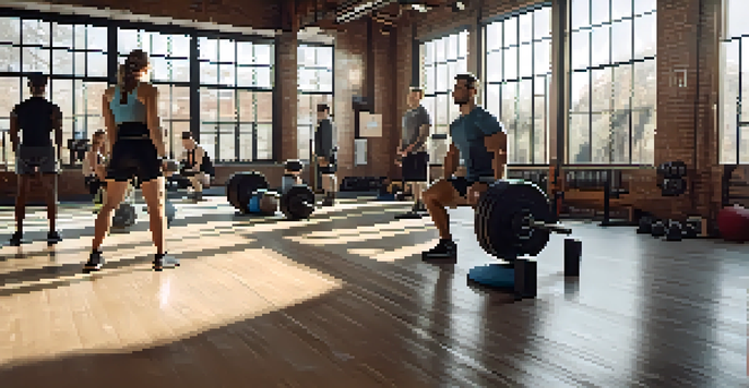 A diverse group of individuals in a gym, focusing on a squat exercise under the guidance of a trainer, with natural light and motivational posters in the background.