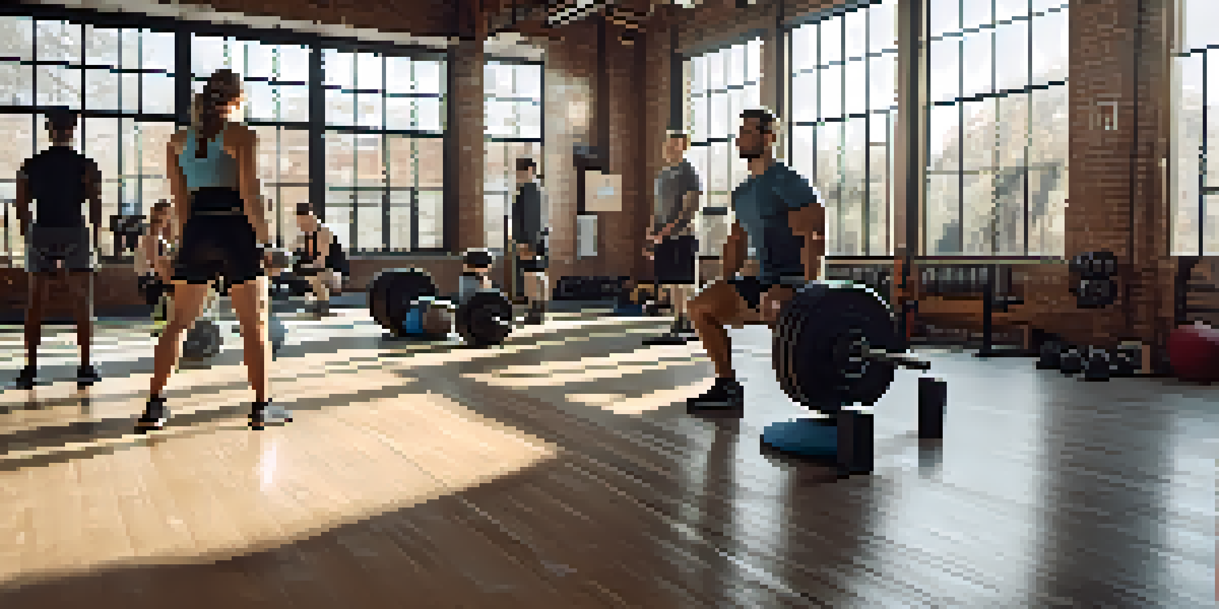 A diverse group of individuals in a gym, focusing on a squat exercise under the guidance of a trainer, with natural light and motivational posters in the background.