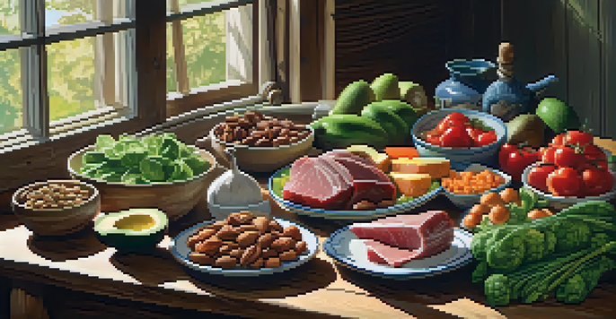 A colorful plate of healthy foods including lean meats, vegetables, whole grains, and healthy fats on a wooden table illuminated by sunlight.