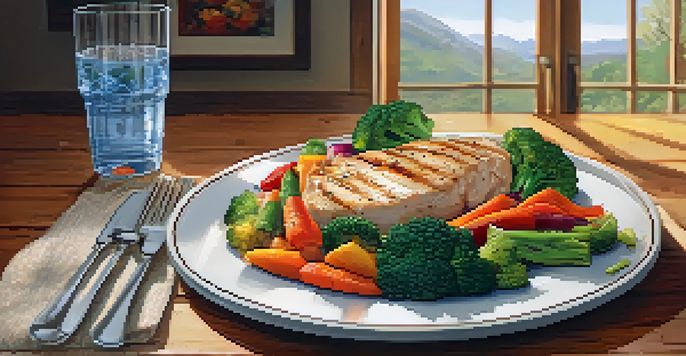 A nutritious meal plate with grilled chicken, quinoa, and vibrant vegetables, set on a wooden table with natural light.