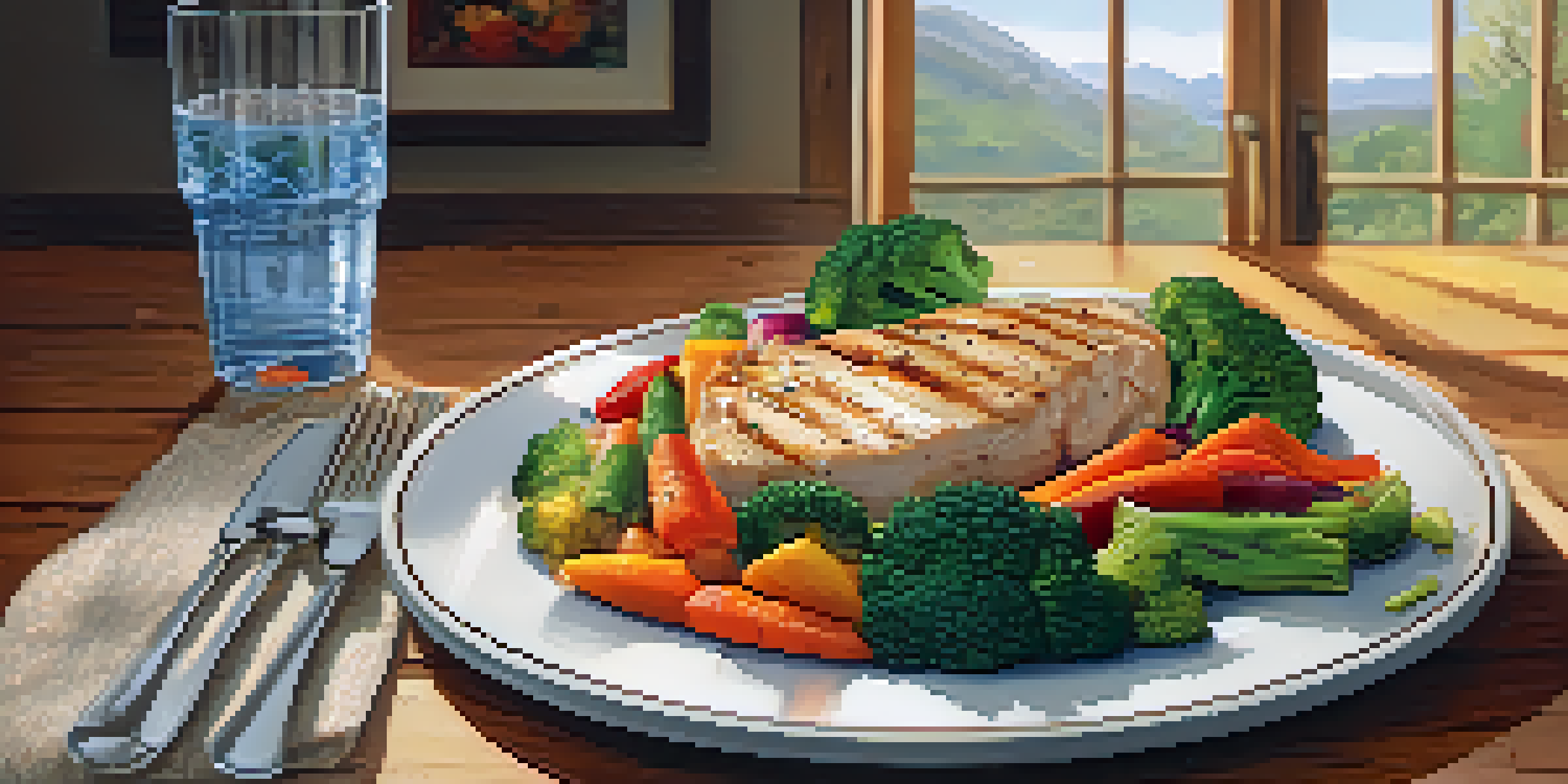 A nutritious meal plate with grilled chicken, quinoa, and vibrant vegetables, set on a wooden table with natural light.