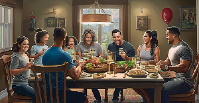 A family celebrating a powerlifting achievement around a dinner table with a trophy and a delicious meal.