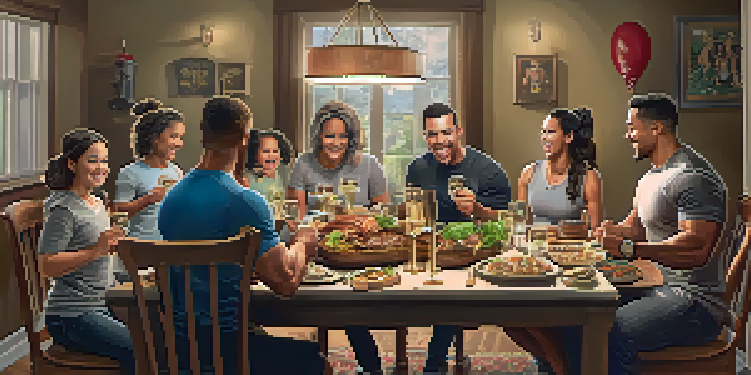 A family celebrating a powerlifting achievement around a dinner table with a trophy and a delicious meal.