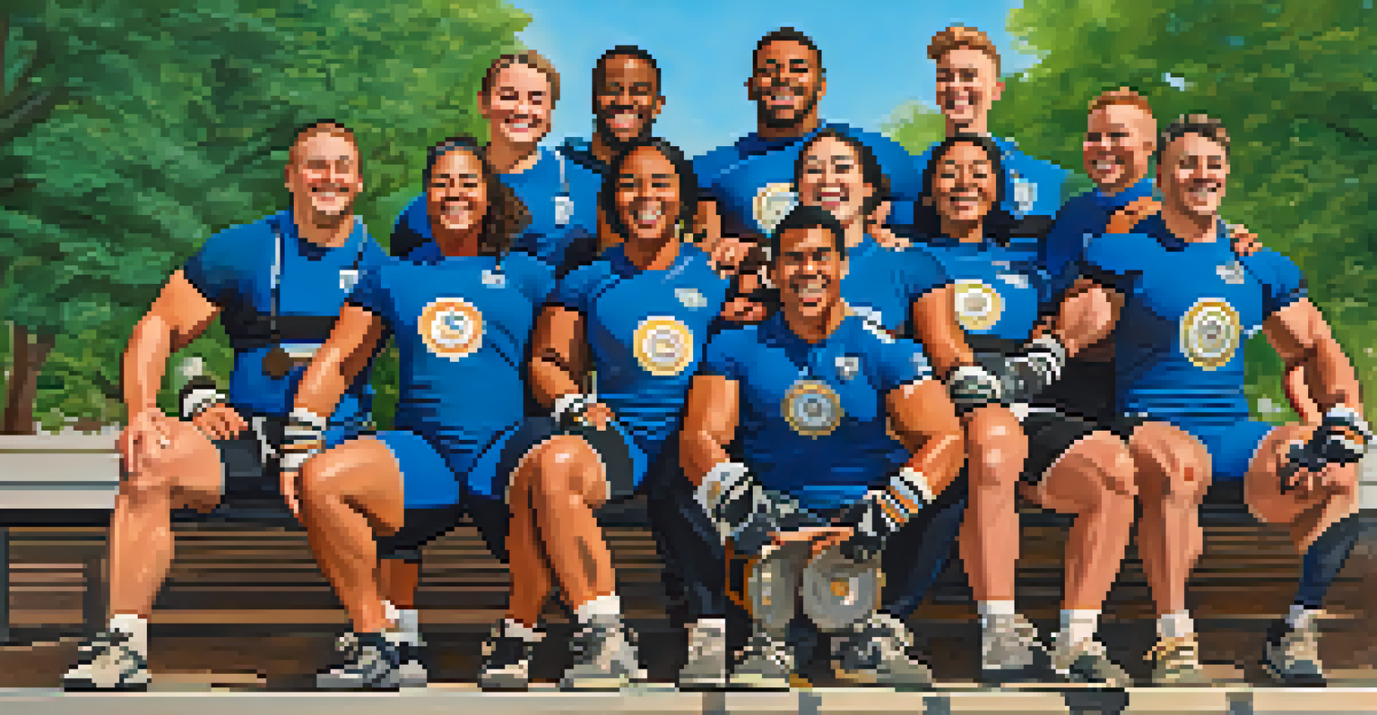A group of diverse collegiate powerlifters celebrating their victory with medals, smiling in a sunny park.