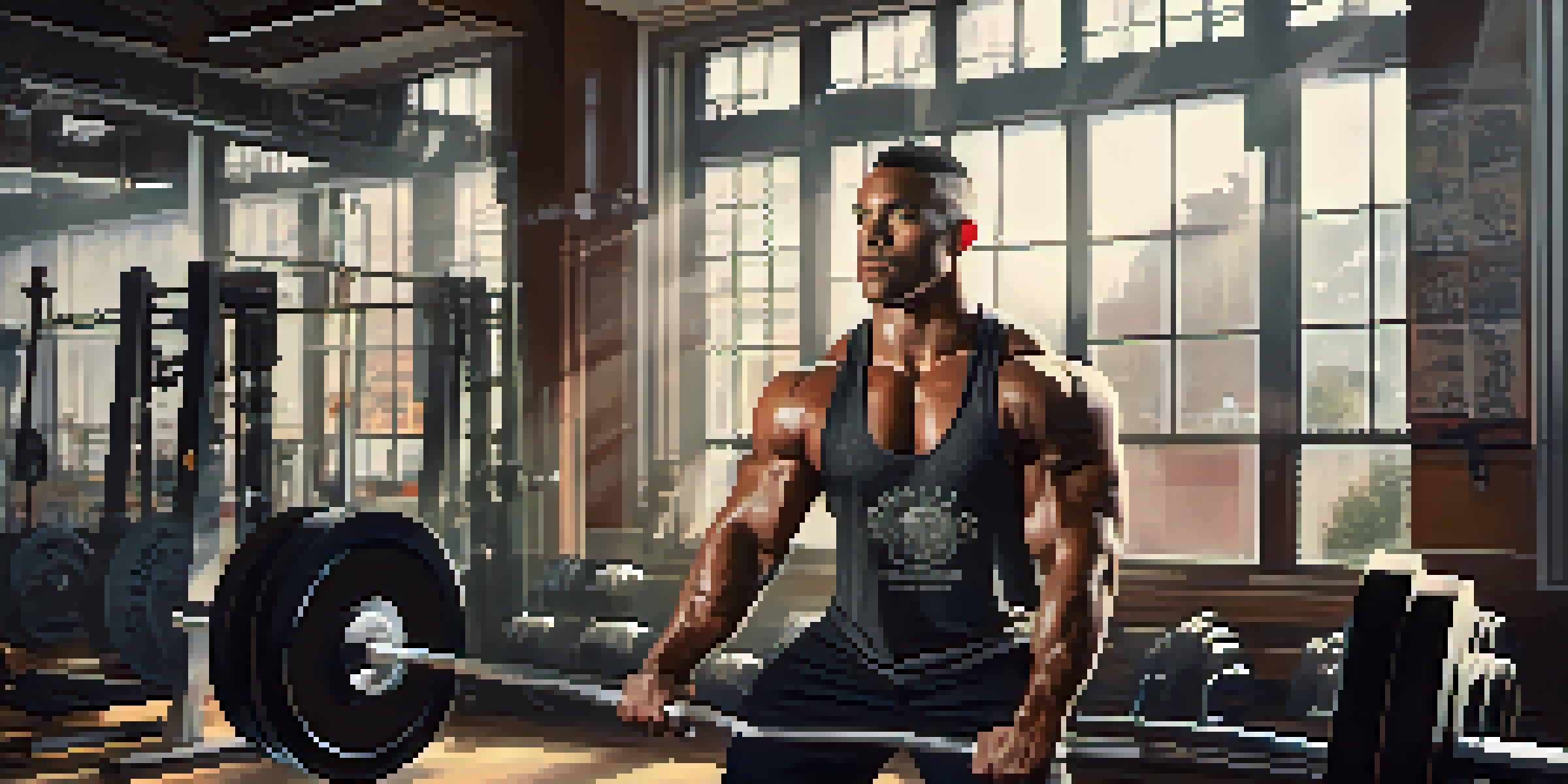 A powerlifter lifting weights in a sunlit gym, showcasing determination and hard work.