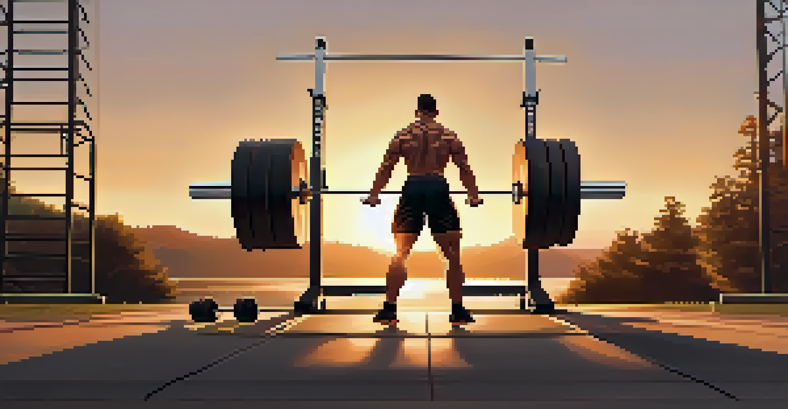 A lifter performing a deadlift outdoors at sunset, with warm golden light and a peaceful background.