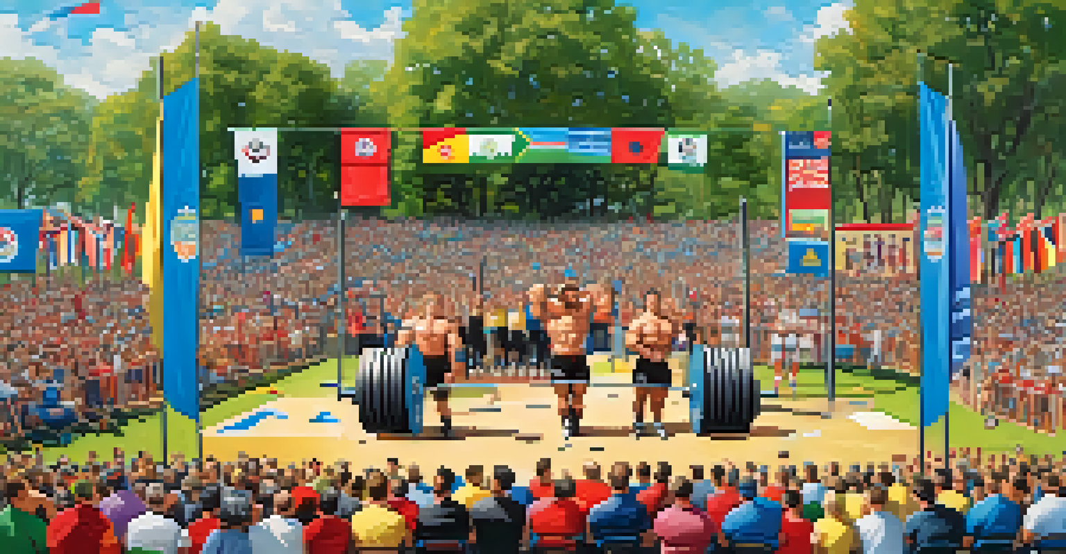 An outdoor powerlifting event with competitors lifting weights in a sunny park, surrounded by cheering spectators.