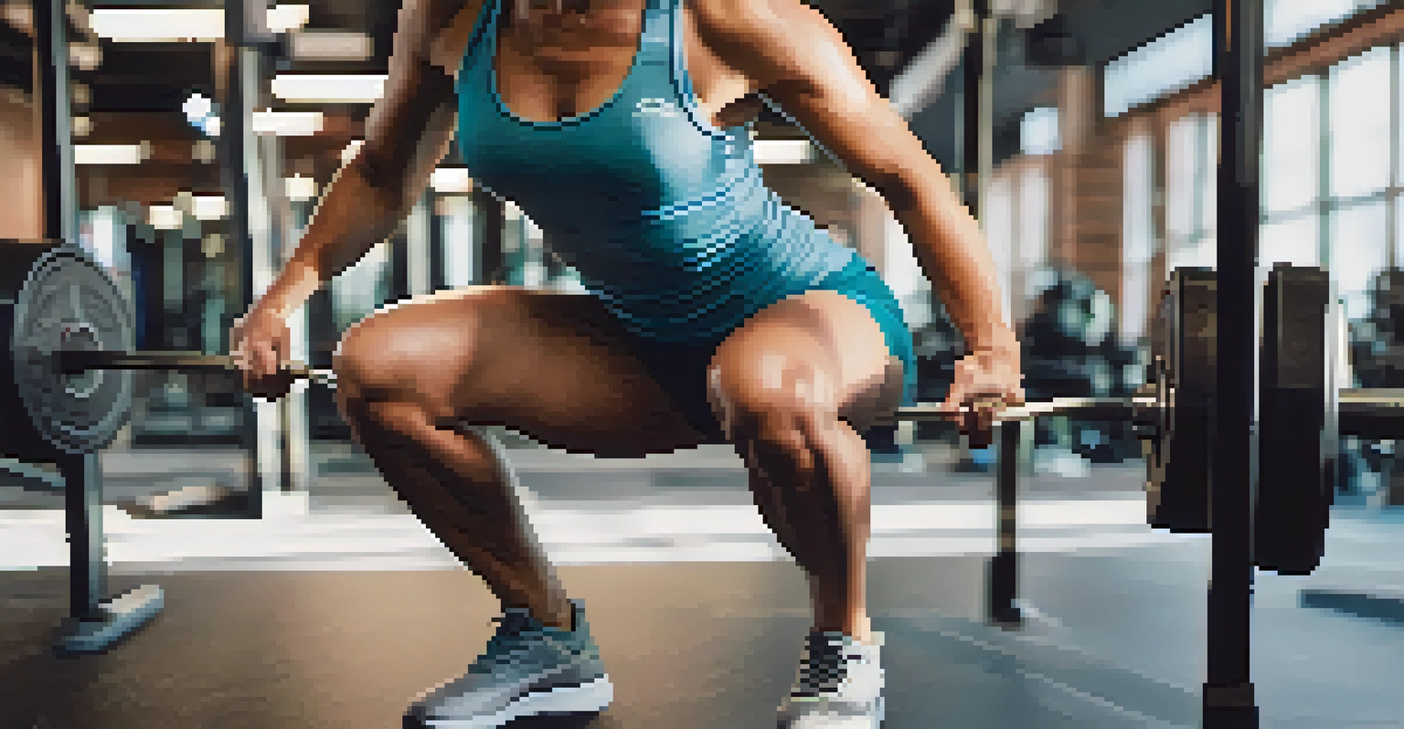 Close-up of a person performing a squat with correct posture in a fitness studio.
