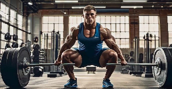 A powerlifter in a gym, executing a deep squat with perfect form, surrounded by gym equipment.