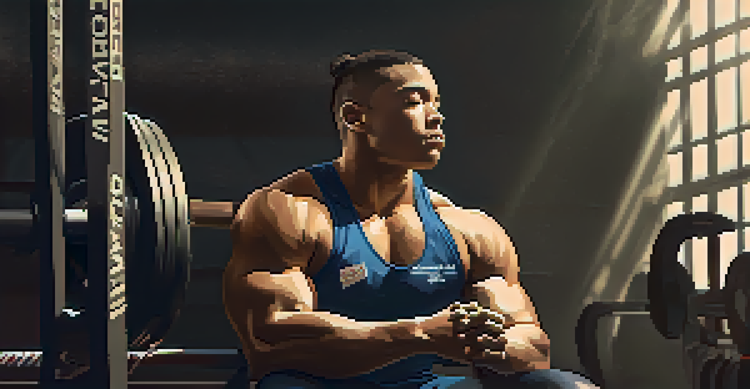 An athlete seated with eyes closed, mentally preparing for a powerlifting meet in a warm-up area.